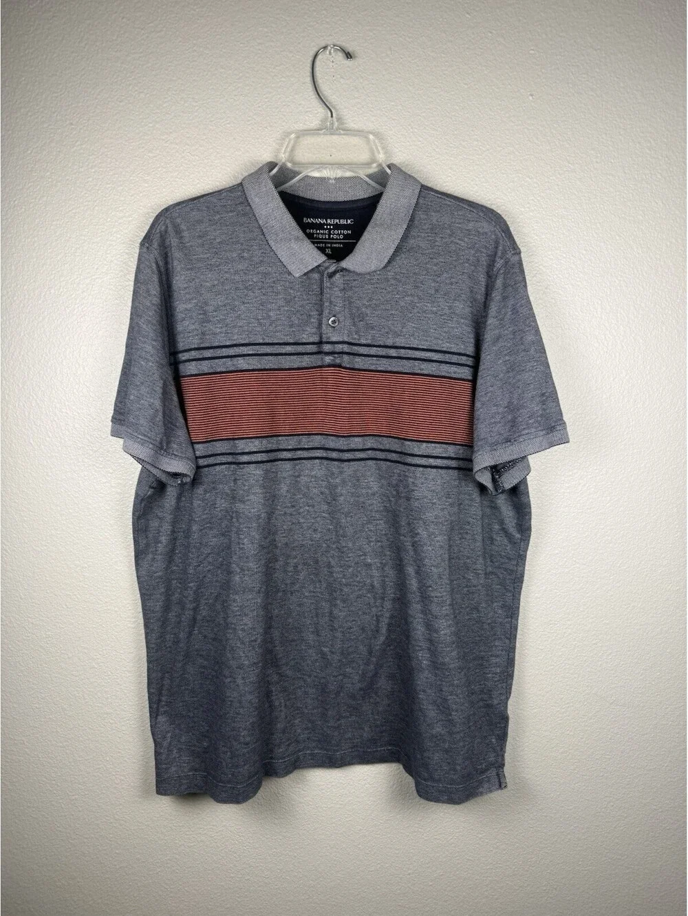 Banana Republic Mens XL Organic Cotton Pique Polo Shirt Navy Orange Striped